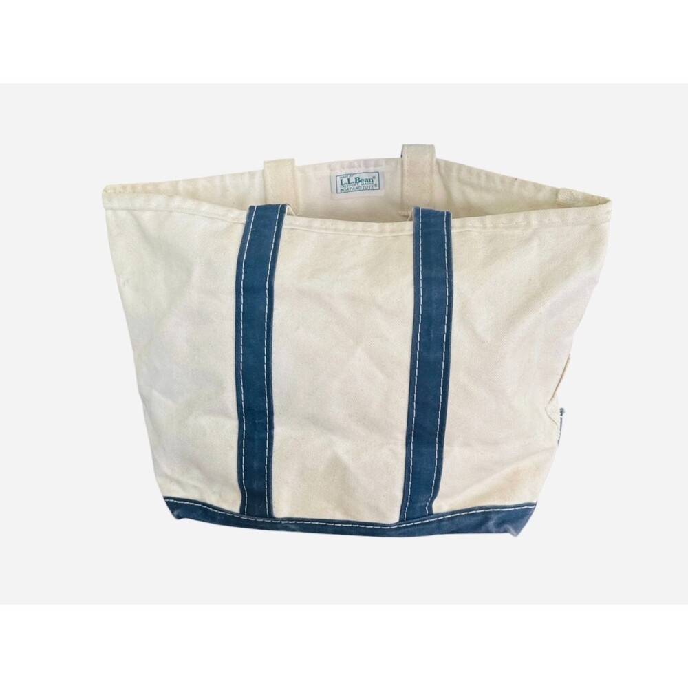 LL Bean Boat & Tote Bag USA Canvas Beige Navy Trim Medium 17" L x 11" H x 8" D